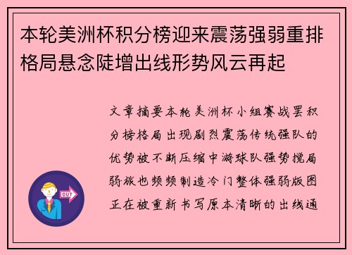 本轮美洲杯积分榜迎来震荡强弱重排格局悬念陡增出线形势风云再起 本轮美洲杯积分榜迎来震荡强弱重排格局悬念陡增出线形势风云再起